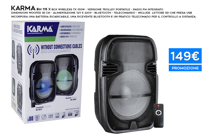 CASSA SISTEMA KARAOKE PORTATILE 25W RMS WOOFER 8 BLUETOOTH RADIO FM USB  MP3 PLAYER MICROFONO WIRELESS VHF SLOT SD